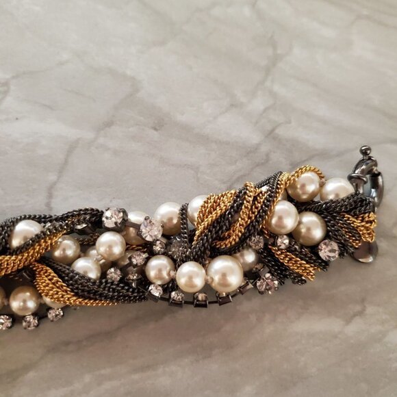 ✨ Vintage J.Crew Pearl Chain Twisted Rhinestones Crystals Statement Bracelet ✨ - Picture 4 of 12